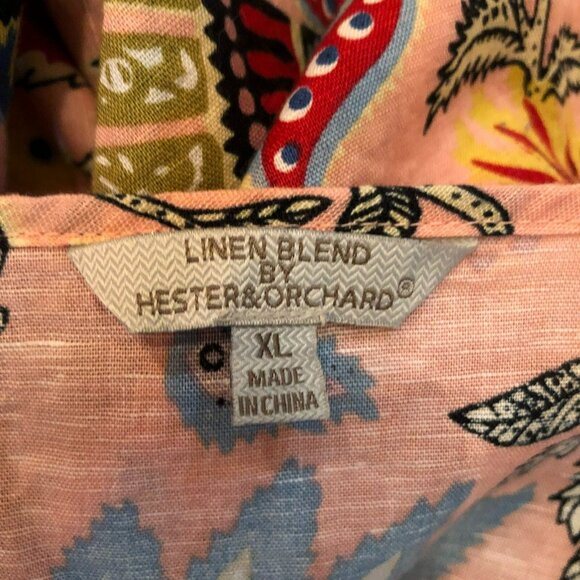Linen Blend Hester & Orchard Size XL 3/4 sleeve Pink Floral Boho Top Shirt - Picture 7 of 10